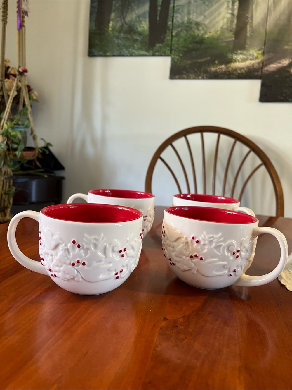 Starbucks holiday Christmas White and Red Embossed Holly Mugs - Set of 4 2008